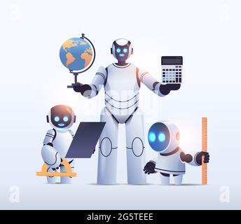 robot teacher with robotic students standing together artificial intelligence technology concept Stock Vector