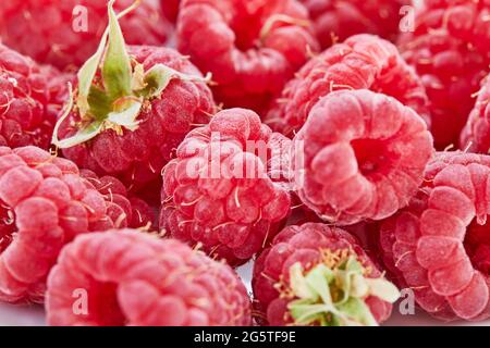 Fresh raspberries lying on white plate close-up shooting selective focus Stock Photo