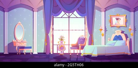 Princess royal bedroom, vintage room interior with elegant retro furniture, bed, cupboard, floral pattern wallpaper decor. Cartoon vector illustration Stock Vector