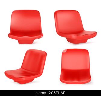 Stadium seats, red plastic chairs front and angle view. Equipment, place for visitors of outdoor competition or performance, design elements isolated on white background Realistic 3d vector mockup set Stock Vector
