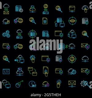 Set of online database computer cloud icon neon glow style, data storage protect information outline flat vector illustration, isolated on white. Conc Stock Vector