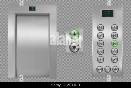 Realistic elevator cabin with closed doors, lift exterior, panel with chrome metal buttons and digital display show floor numbers, up or down arrows isolated on transparent background, 3d vector set Stock Vector