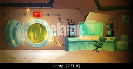 Control panel room in nuclear power plant with open door to reactor. Vector cartoon interior of command center in underground bunker, shelter or secret laboratory with green glow of radiation Stock Vector