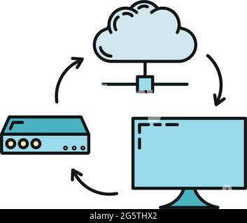 Data exchange cloud icon, protect remote info storage, database computer technology information outline flat vector illustration, isolated on white. C Stock Vector