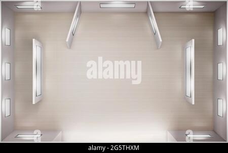 Museum empty interior top view, art gallery 3d room with illuminated picture frames on white walls, wooden floor and passages. Place for exhibit presentation, exhibition hall, Realistic vector mock up Stock Vector