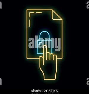 Data computer folder protect, cloud global internet icon neon glow style, remote server security outline flat vector illustration, isolated on white. Stock Vector