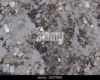 sand with stones after a rain shower, grey, white, blue and yellow Stock Photo