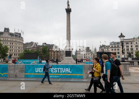 London. UK- 06.27.2021: banners signs in Trafalgar Square for the UEFA Festival, hosting outdoor viewing for the EURO 2020 football Stock Photo