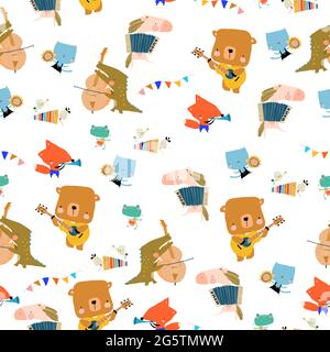 Seamless Pattern with Cute Animals playing the musical instruments Stock Vector