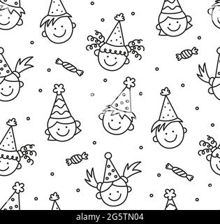Seamless pattern with Happy Birthday doodles. Funny children faces. Kids in festive hats on a fun holiday. Hand drawn children drawing. Vector Stock Vector