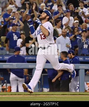 Los Angeles, United States. 30th June, 2021. Los Angeles Dodgers infielder Max Muncy looks skyward after hitting a solo home run off San Francisco starting pitcher Kevin Gausman during the third inning at Dodger Stadium in Los Angeles on Tuesday, June 29, 2021. The Dodgers defeated the Giants 3-1 for the sweep. Photo by Jim Ruymen/UPI Credit: UPI/Alamy Live News Stock Photo