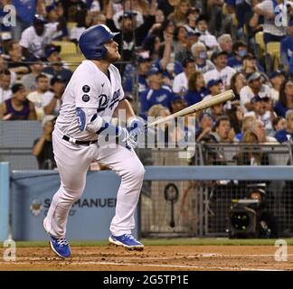 Los Angeles, United States. 30th June, 2021. Los Angeles Dodgers infielder Max Muncy hits a solo home run off San Francisco starting pitcher Kevin Gausman during the third inning at Dodger Stadium in Los Angeles on Tuesday, June 29, 2021. The Dodgers defeated the Giants 3-1 for the sweep. Photo by Jim Ruymen/UPI Credit: UPI/Alamy Live News Stock Photo