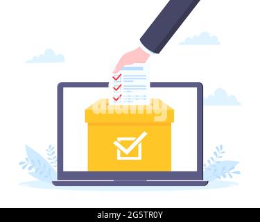 Online voting concept flat style design vector illustration. Giant hand puts ballot to the urn on laptop screen online survey concept. Stock Vector