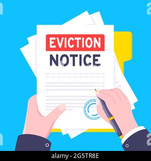 Hand holds eviction notice legal document with stamp, paper sheets and file vector illustration flat style design. Stock Vector