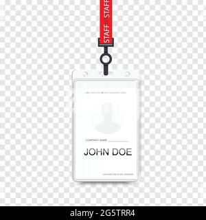 Vector illustration of employees identification card on lanyard, cord and strap. Realistic plastic badge sampls for presentation or conference visitor Stock Vector