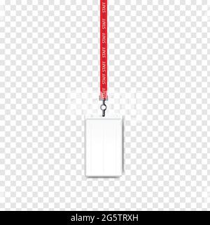 Vector illustration of employees identification card on lanyard, cord and strap. Realistic plastic badge sampls for presentation or conference visitor Stock Vector