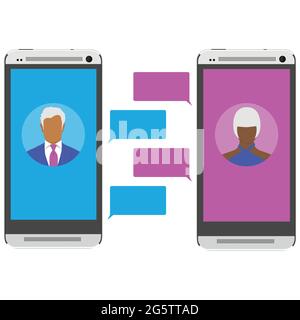 Chat messages on smartphone. Vector illustration, flat cartoon sms bubbles on mobile phone screen, man person chatting on cellphone with woman isolate Stock Vector