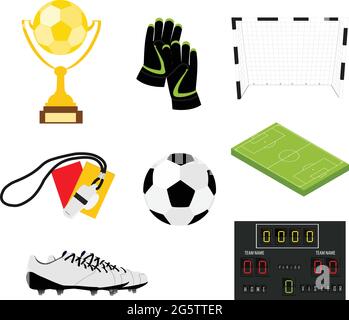 Soccer set of icons with field, ball, trophy, scoreboard, whistle, gloves and boots isolated vector illustration Stock Vector