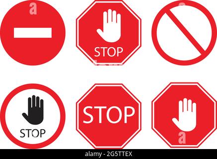 Stop signs collection in red and white, traffic sign to notify drivers and provide safe and orderly street operation. Vector flat style illustration i Stock Vector