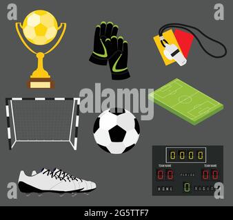 Soccer set of icons with field, ball, trophy, scoreboard, whistle, gloves and boots isolated vector illustration Stock Vector