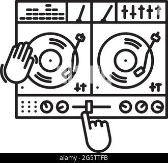 Hands of DJ operating mixing desk vector line icon Stock Vector