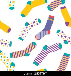 Multi-colored socks on a white background seamless pattern. View from above. Many different socks for cold seasons. Socks are scattered on a bright ba Stock Vector