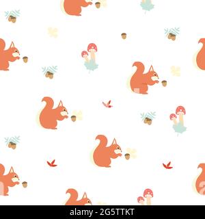 Forest seamless pattern with cute squirrel leaves and mushrooms Stock Vector