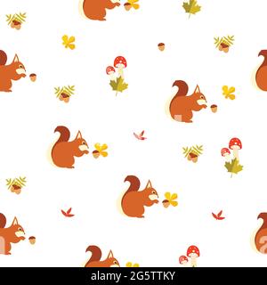 Forest seamless pattern with cute squirrel leaves and mushrooms Stock Vector