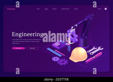 Engineering isometric landing page. Engineer on robotics factory with robot arm holding huge gear, create electronics production on blueprint. Automation, smart industrial cyborg, 3d vector web banner Stock Vector