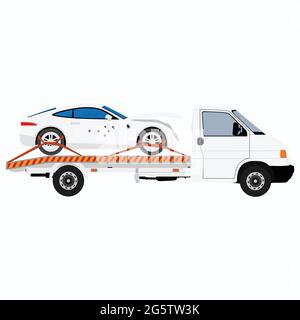 Tow truck delivers the damaged vehicle car. Vector illustration. Isolated on white background. Stock Vector