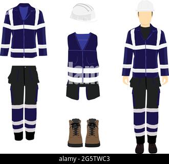 Man worker in uniform. Professional protective clothes, boots and safety helmet. Man's figure. Stock Vector