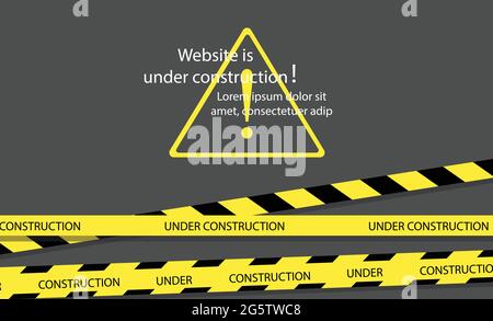 Under construction website page with black and yellow striped borders vector illustration. Border stripe web, warning banner Stock Vector