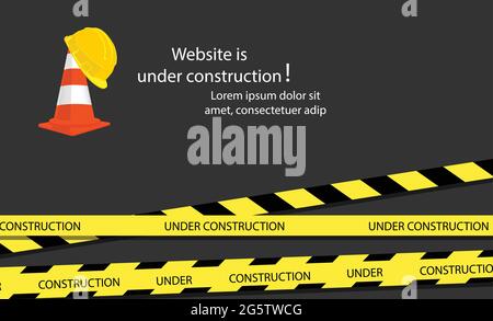 Website under construction page. Under construction website page with black and yellow striped borders vector illustration. Border stripe web, warning Stock Vector