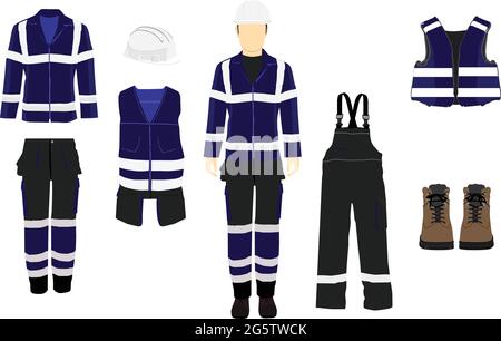 Man worker in uniform. Professional protective clothes, boots and safety helmet. Various turns man's figure. Front view, side and back view. Stock Vector