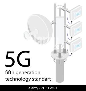 4G and 5G cellular telecommunication tower antenna. Radio network with radio modules and smart antennas installed Stock Vector