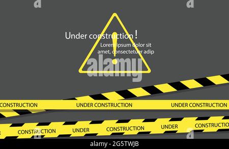 Under construction website page with black and yellow striped borders vector illustration. Border stripe web, warning banner Stock Vector