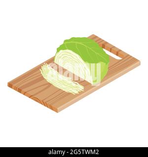 Cabbage and cutted cabbage on wooden chopping board isolated on white background, isometric view. Vector Stock Vector