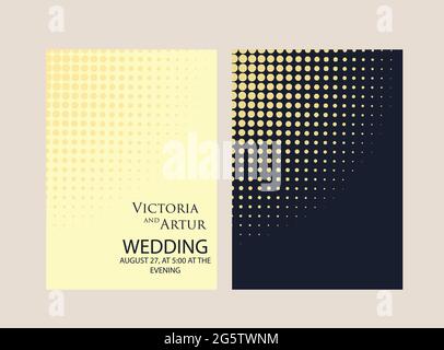 Vector modern design wedding invitation. Trendy geometric halftone pattern on a dark blue background. Rose gold color Stock Vector