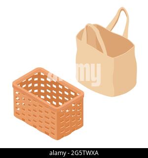 Wicker basket and tote bag isometric view, isolated on white background. Vector Stock Vector