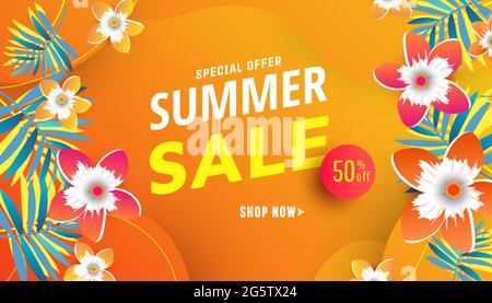 Editable sale summer banner template with color flowers, green tropical palm on bright shaped backgrounds Stock Vector