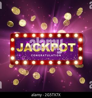 Jackpot casino winner on purple background with light rays. Big win banner. Retro signboard with falling gold coins. Vector illustration Stock Vector