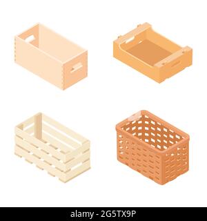 Wicker basket and wooden market boxes isometric view, isolated on white background. Vector Stock Vector