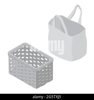 Wicker basket and tote bag isometric view, isolated on white background. Vector Stock Vector