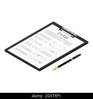 Exam sheet and pen isolated on white background, isometric view. Vector Stock Vector