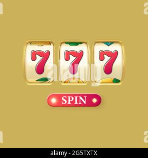 Golden slot machine realistic render. Big win on jackpot casino win. 777 on slot machine wheels and spin button. Vector Stock Vector