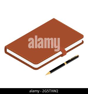Brown leather notebook, notepad and ballpoint pen isolated on white background, isometric view. Vector Stock Vector