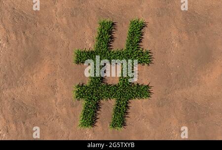 Concept conceptual green summer lawn grass symbol shape on brown soil or earth background, hashtag sign. 3d illustration metaphor for nature, conserva Stock Photo