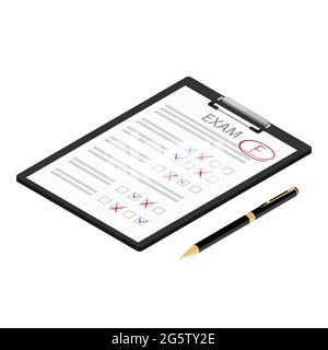 Exam sheet with F plus grade with pen isolated on white background, isometric view. Vector Stock Vector