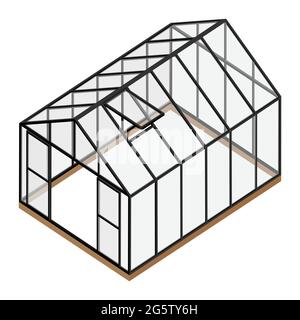 Empty greenhouse with opened window and door isometric view isolated on white background. Glass house. Stock Vector