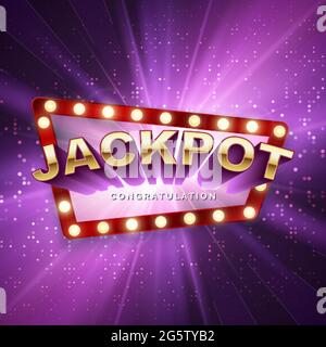 Jackpot casino winner. Big win banner. Retro signboard on purple background with light rays. Vector illustration Stock Vector